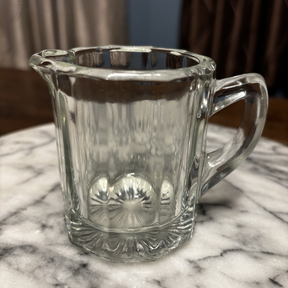 VTG 3" Mini Colonial Clear Glass Creamer Syrup Pitcher 10 Panel Sunburst Bottom